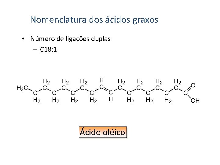 Nomenclatura dos ácidos graxos • Número de ligações duplas – C 18: 1 Ácido