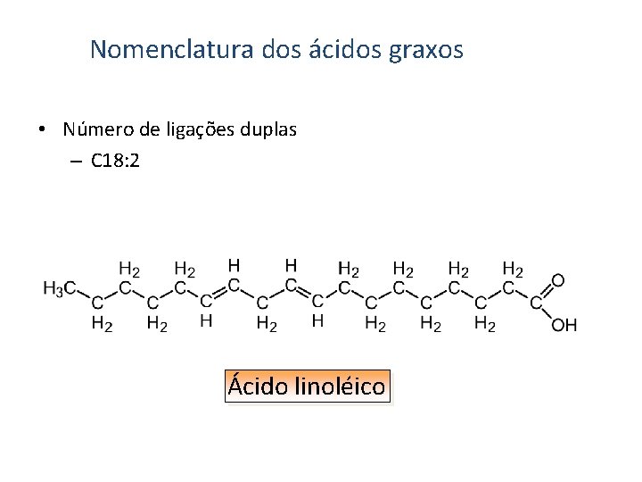 Nomenclatura dos ácidos graxos • Número de ligações duplas – C 18: 2 Ácido