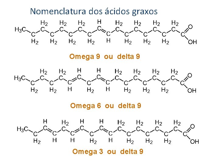 Nomenclatura dos ácidos graxos Omega 9 ou delta 9 Omega 6 ou delta 9