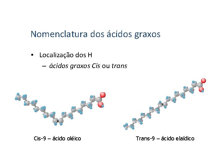 Nomenclatura dos ácidos graxos • Localização dos H – ácidos graxos Cis ou trans