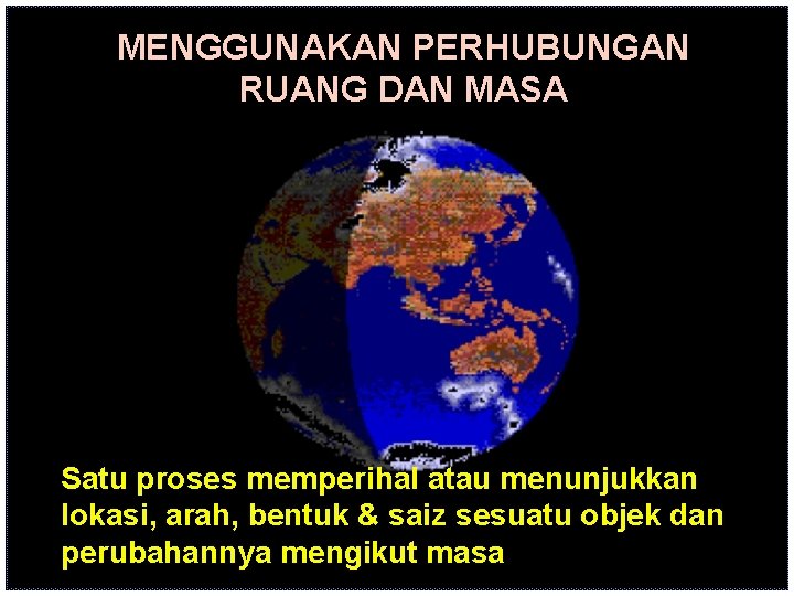 MENGGUNAKAN PERHUBUNGAN RUANG DAN MASA Satu proses memperihal atau menunjukkan lokasi, arah, bentuk &