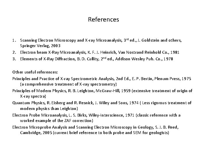 References 1. Scanning Electron Microscopy and X-ray Microanalysis, 3 rd ed. , J. Goldstein