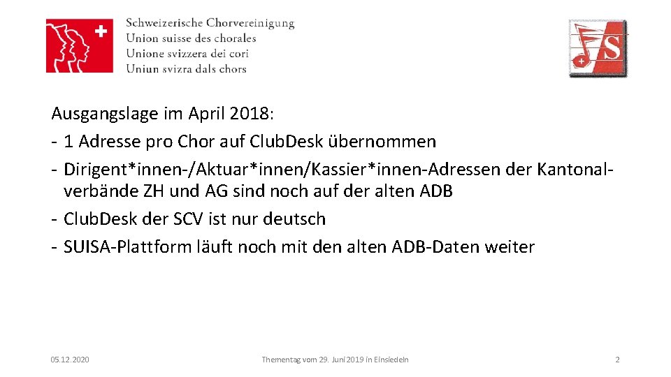 Ausgangslage im April 2018: - 1 Adresse pro Chor auf Club. Desk übernommen -