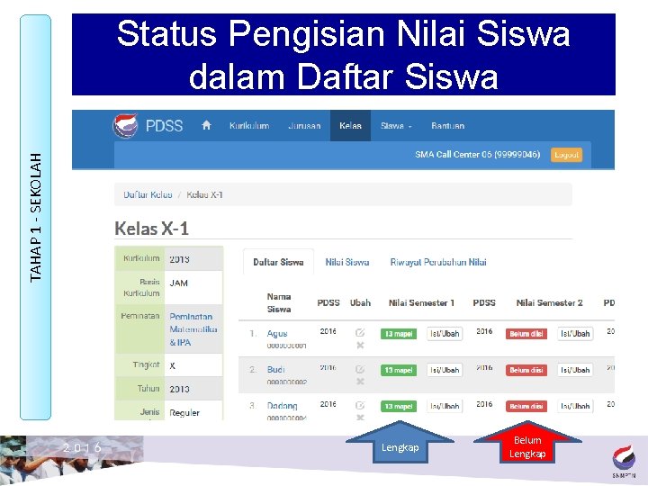 TAHAP 1 - SEKOLAH Status Pengisian Nilai Siswa dalam Daftar Siswa Lengkap Belum Lengkap