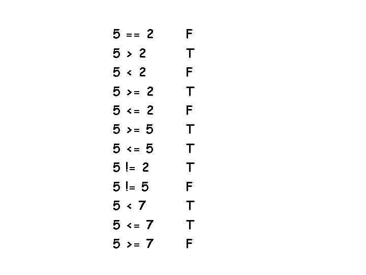 5 == 2 F 5 > 2 T 5 < 2 F 5 >=