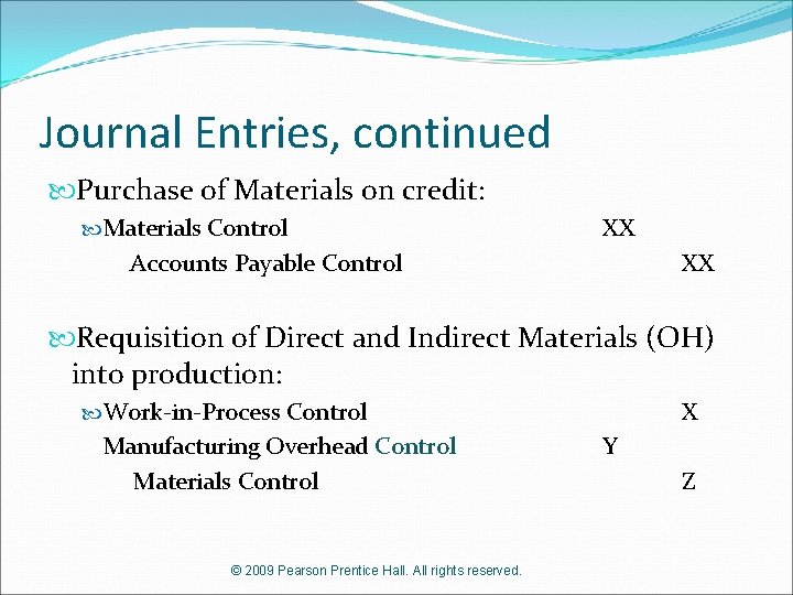Journal Entries, continued Purchase of Materials on credit: Materials Control XX Accounts Payable Control