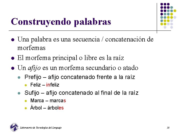 Construyendo palabras l l l Una palabra es una secuencia / concatenación de morfemas