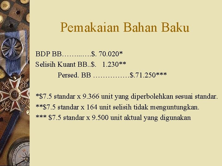 Pemakaian Bahan Baku BDP BB……. . . …. $. 70. 020* Selisih Kuant BB.
