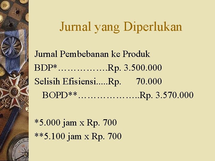 Jurnal yang Diperlukan Jurnal Pembebanan ke Produk BDP*……………. Rp. 3. 500. 000 Selisih Efisiensi.