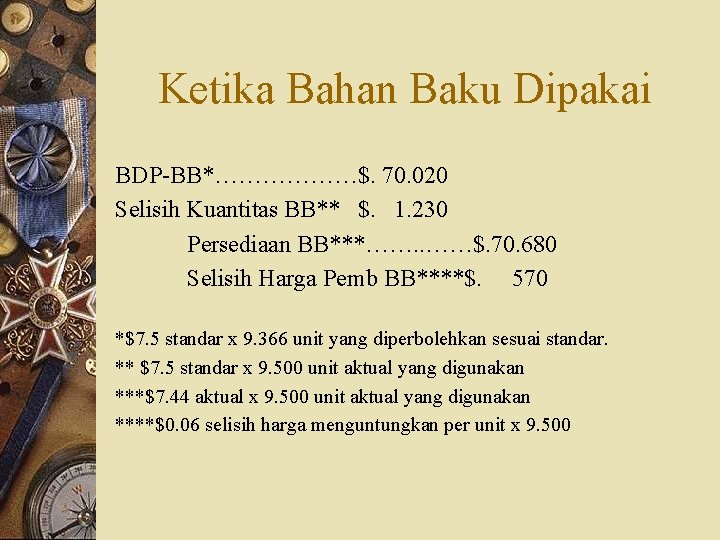 Ketika Bahan Baku Dipakai BDP-BB*………………$. 70. 020 Selisih Kuantitas BB** $. 1. 230 Persediaan