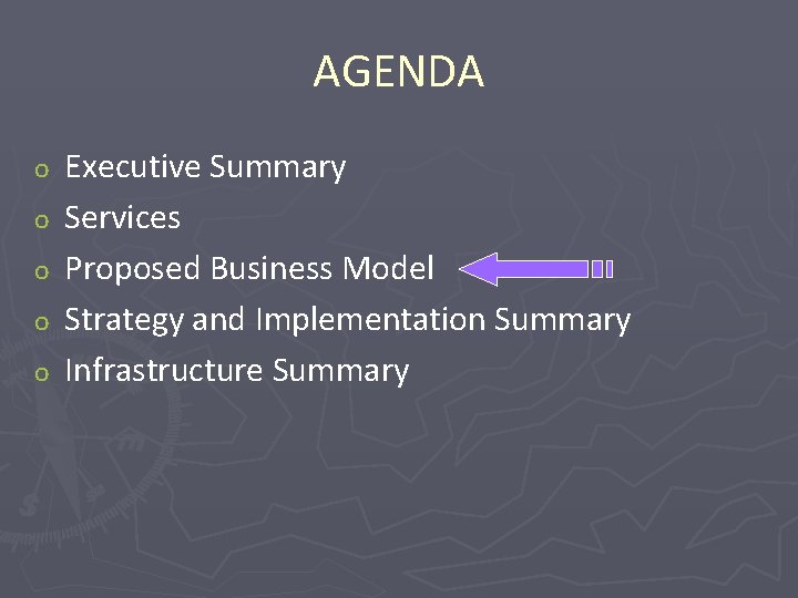 AGENDA o o o Executive Summary Services Proposed Business Model Strategy and Implementation Summary