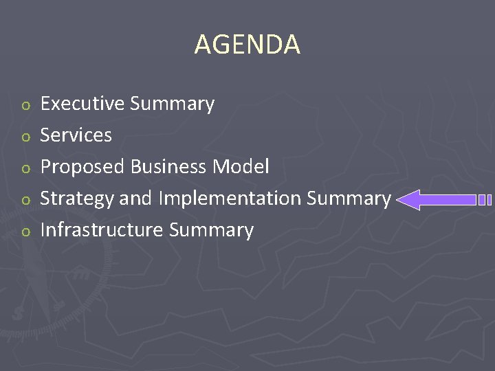AGENDA o o o Executive Summary Services Proposed Business Model Strategy and Implementation Summary