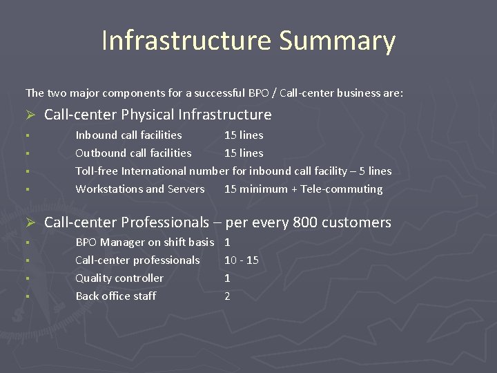 Infrastructure Summary The two major components for a successful BPO / Call-center business are: