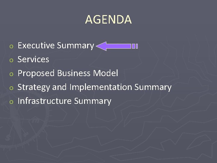 AGENDA o o o Executive Summary Services Proposed Business Model Strategy and Implementation Summary