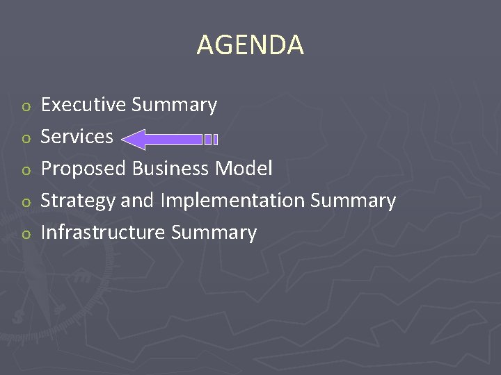 AGENDA o o o Executive Summary Services Proposed Business Model Strategy and Implementation Summary