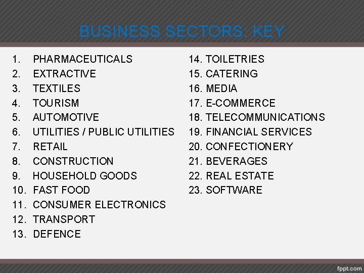 BUSINESS SECTORS: KEY 1. 2. 3. 4. 5. 6. 7. 8. 9. 10. 11.