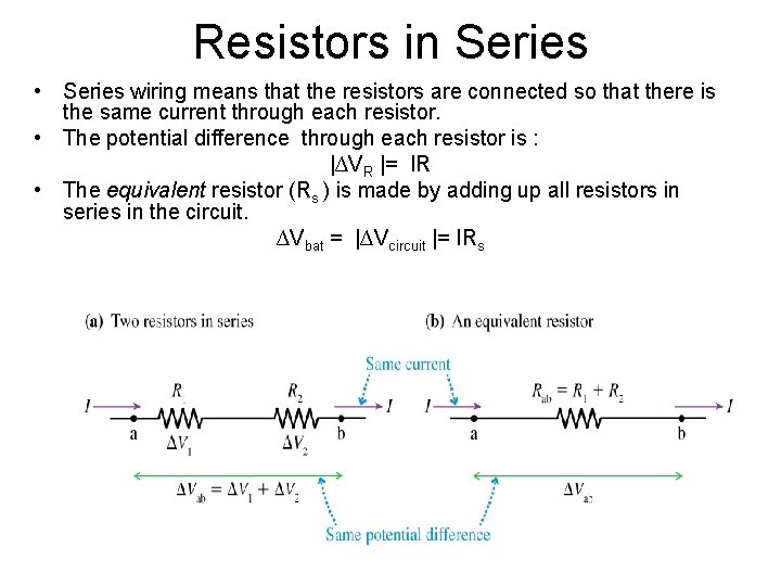 Resistors in Series • Series wiring means that the resistors are connected so that