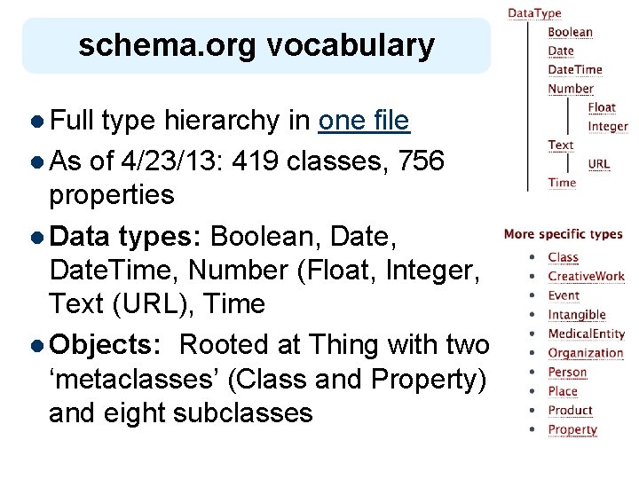 schema. org vocabulary l Full type hierarchy in one file l As of 4/23/13: