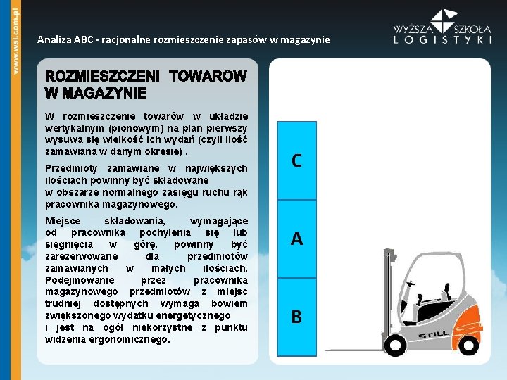 Analiza ABC - racjonalne rozmieszczenie zapasów w magazynie W rozmieszczenie towarów w układzie wertykalnym