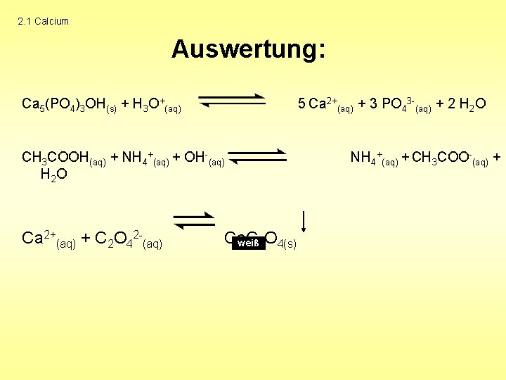 2. 1 Calcium Auswertung: Ca 5(PO 4)3 OH(s) + H 3 O+(aq) 5 Ca