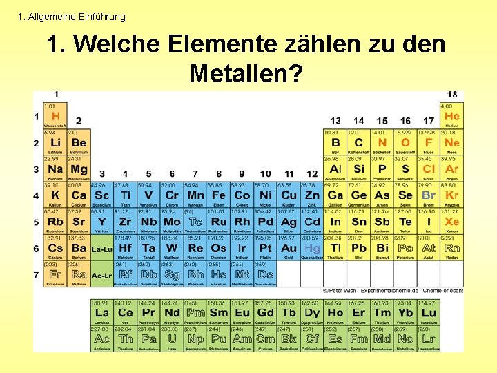 1. Allgemeine Einführung 1. Welche Elemente zählen zu den Metallen? 
