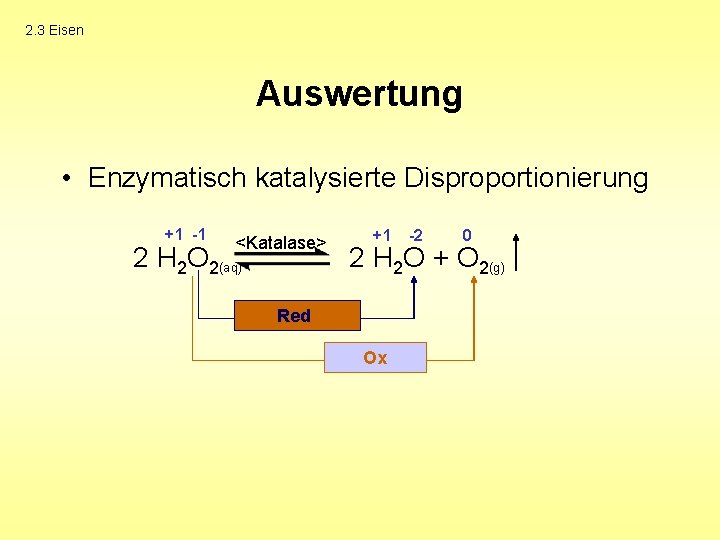 2. 3 Eisen Auswertung • Enzymatisch katalysierte Disproportionierung +1 -1 <Katalase> 2 H 2