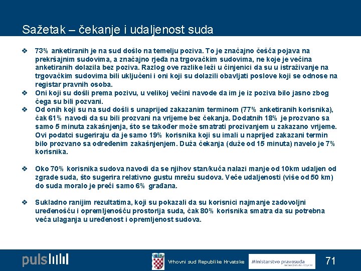 Sažetak – čekanje i udaljenost suda v 73% anketiranih je na sud došlo na Sažetak – čekanje i udaljenost suda v 73% anketiranih je na sud došlo na