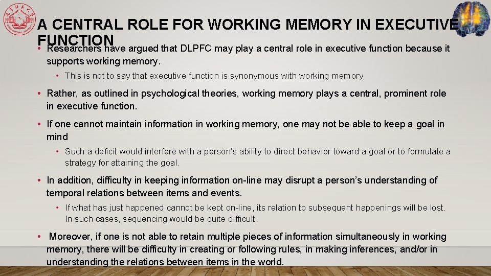 A CENTRAL ROLE FOR WORKING MEMORY IN EXECUTIVE FUNCTION • Researchers have argued that