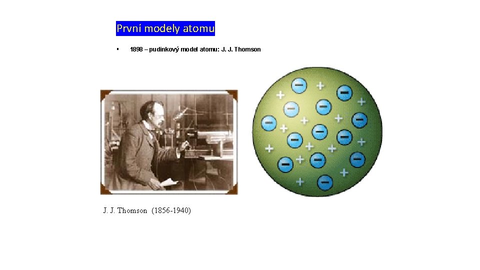 První modely atomu § 1898 – pudinkový model atomu: J. J. Thomson (1856 -1940)