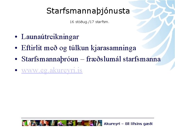 Starfsmannaþjónusta 16 stöðug. /17 starfsm. • • Launaútreikningar Eftirlit með og túlkun kjarasamninga Starfsmannaþróun