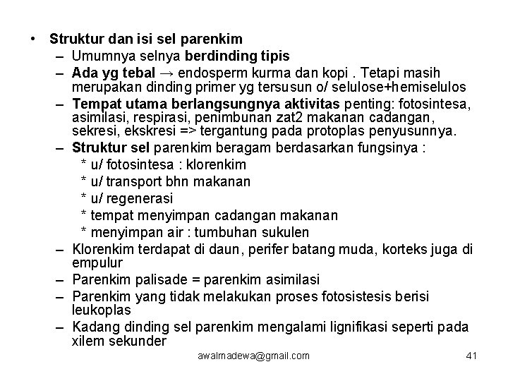  • Struktur dan isi sel parenkim – Umumnya selnya berdinding tipis – Ada