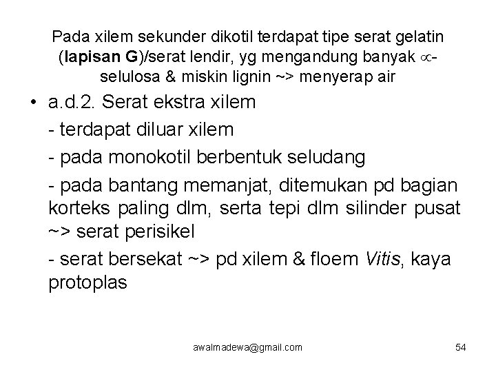 Pada xilem sekunder dikotil terdapat tipe serat gelatin (lapisan G)/serat lendir, yg mengandung banyak