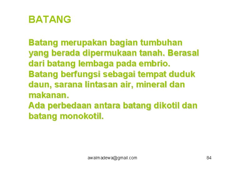 BATANG Batang merupakan bagian tumbuhan yang berada dipermukaan tanah. Berasal dari batang lembaga pada