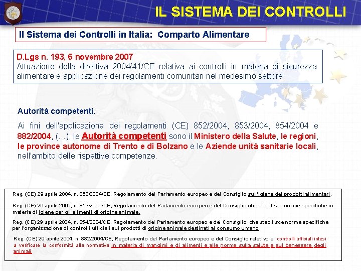 IL SISTEMA DEI CONTROLLI Il Sistema dei Controlli in Italia: Comparto Alimentare D. Lgs