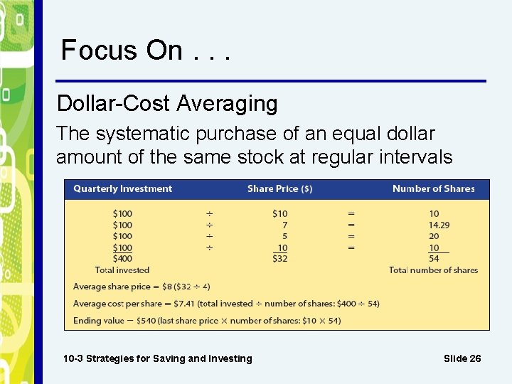 Focus On. . . Dollar-Cost Averaging The systematic purchase of an equal dollar amount