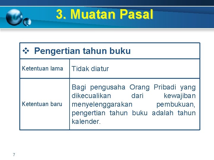 3. Muatan Pasal v Pengertian tahun buku 7 Ketentuan lama Tidak diatur Ketentuan baru