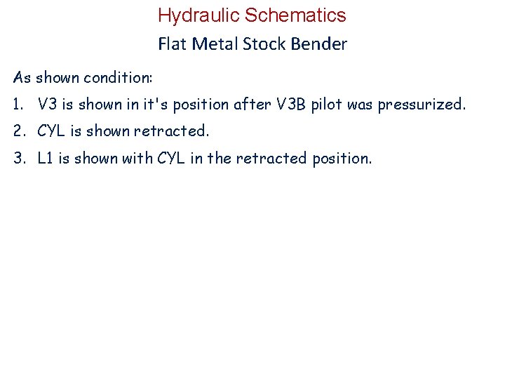 Hydraulic Schematics Flat Metal Stock Bender As shown condition: 1. V 3 is shown