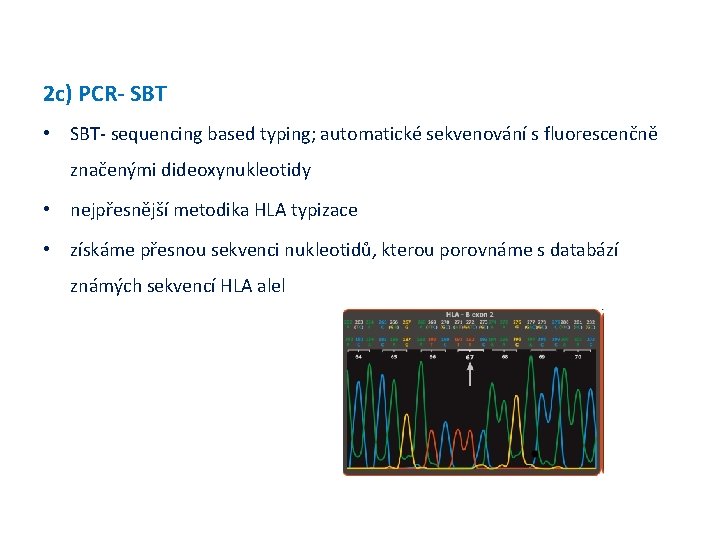 2 c) PCR- SBT • SBT- sequencing based typing; automatické sekvenování s fluorescenčně značenými