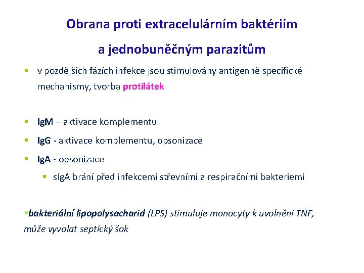 Obrana proti extracelulárním baktériím a jednobuněčným parazitům v pozdějších fázích infekce jsou stimulovány antigenně