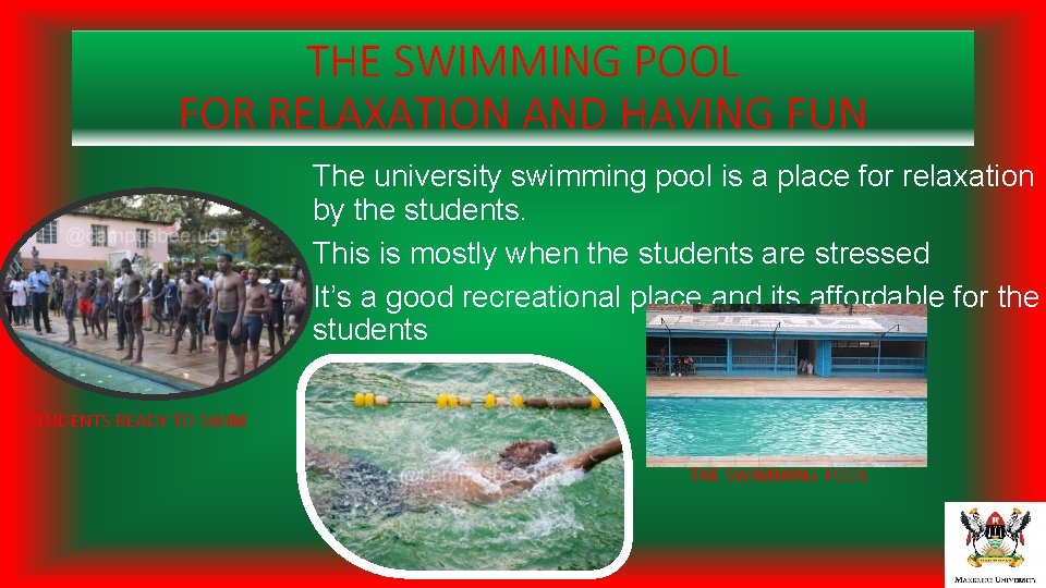 THE SWIMMING POOL FOR RELAXATION AND HAVING FUN The university swimming pool is a