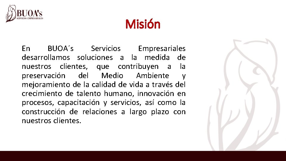 Misión En BUOA´s Servicios Empresariales desarrollamos soluciones a la medida de nuestros clientes, que