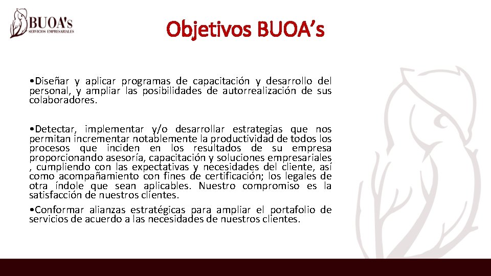 Objetivos BUOA’s • Diseñar y aplicar programas de capacitación y desarrollo del personal, y