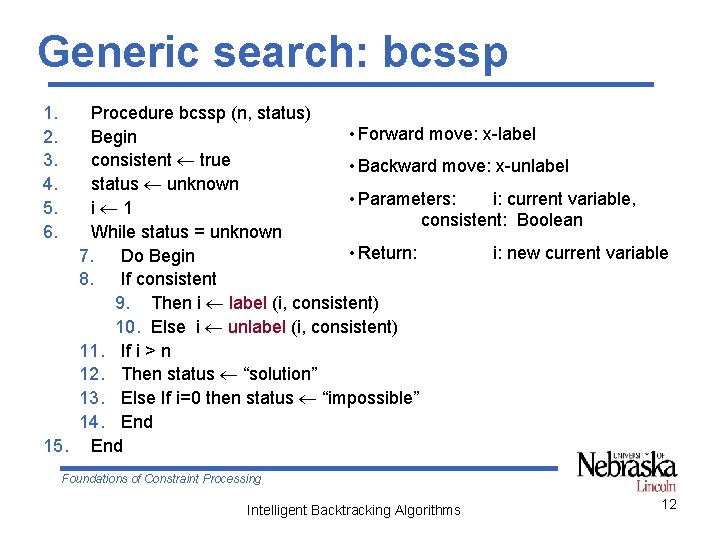 Generic search: bcssp 1. 2. 3. 4. 5. 6. Procedure bcssp (n, status) •