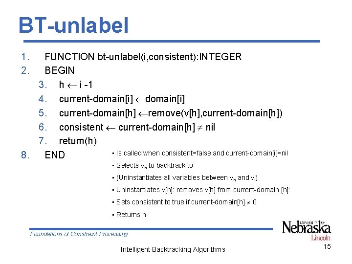 BT-unlabel 1. 2. FUNCTION bt-unlabel(i, consistent): INTEGER BEGIN 3. h i -1 4. current-domain[i]