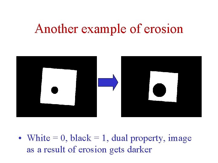Another example of erosion • White = 0, black = 1, dual property, image Another example of erosion • White = 0, black = 1, dual property, image