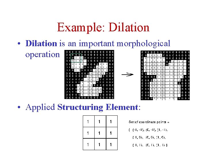 Example: Dilation • Dilation is an important morphological operation • Applied Structuring Element: Example: Dilation • Dilation is an important morphological operation • Applied Structuring Element: