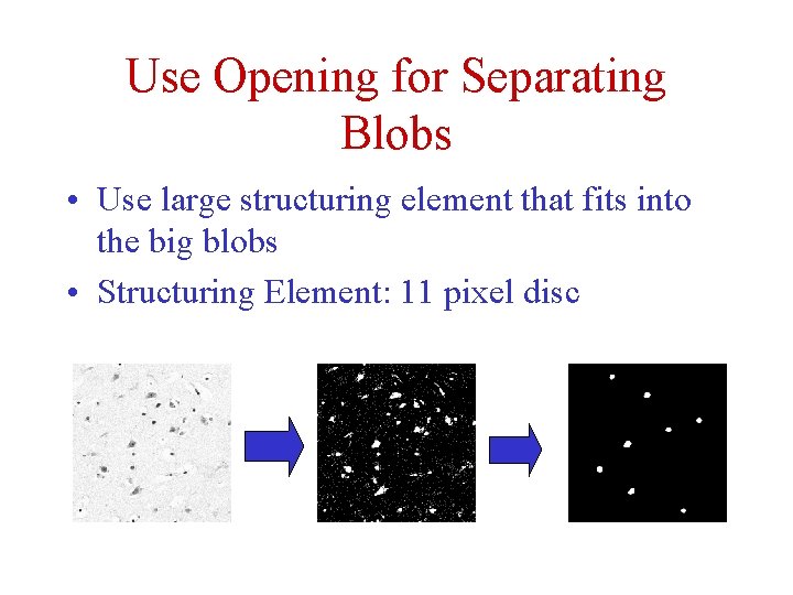 Use Opening for Separating Blobs • Use large structuring element that fits into the Use Opening for Separating Blobs • Use large structuring element that fits into the