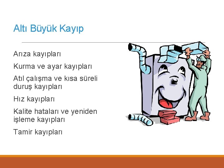 Altı Büyük Kayıp Arıza kayıpları Kurma ve ayar kayıpları Atıl çalışma ve kısa süreli