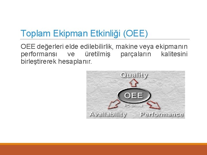 Toplam Ekipman Etkinliği (OEE) OEE değerleri elde edilebilirlik, makine veya ekipmanın performansı ve üretilmiş