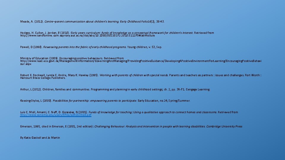 Meade, A. (2012). Centre–parent communication about children’s learning. Early Childhood Folio 16(2), 38 -43.
